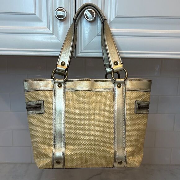 Coach Bag Purse Handbag Legacy Straw & Metallic Leather Tote Shoulder Pocketbook - Picture 4 of 16